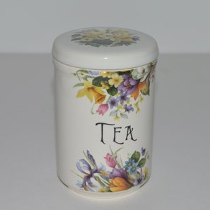 Vintage Porcelain Tea Caddy, Crownford Giftware Corp Made in England, Floral Bouquet Design Lidded Tea Container, 1970s Kitchen Tea Storage