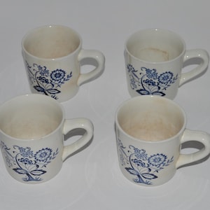 Vintage Set of 4 Stoneware Mugs, Blue Nordic Onion Pattern,  J & G Meakin, Made in England, Blue and White Coffee Cups, Kitchen Decor
