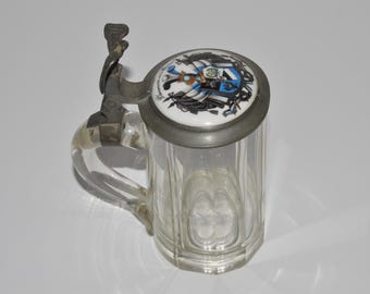 Antique 1800s German Student Beer Stein Glass Pewter w Eagle Motif, Porcelain Dedication and Coat of Arms