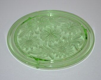 Jeanette Glass Cake Platter, Jeanette Depression Glass, Glass Sunflower Pattern Cake Serving Plate, Green Depression Glass Round Raised Tray