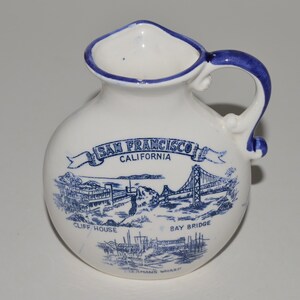 Vintage San Francisco Bay Souvenir Left Handed Pitcher, Blue and White Ceramic Pitcher, Southpaw Pitcher Creamer, SNCO Imports San Francisco