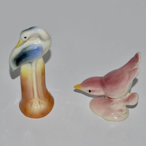 Vintage Bird Figurines, Collectible Miniature Birds, Stork Figurine, Pink Songbird on Branch, Pair of Little Ceramic Birds for Collection