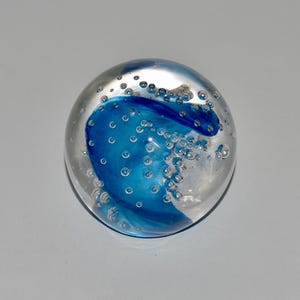 Glass Controlled Bubbles Paperweight, Blue Wave w Bubbles Sphere, Hand Blown Glass Orb Ornament, Crystal Ball w Artist Signature C Stang