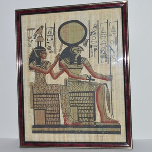 Egyptian Papyrus Picture, Framed Papyrus Painting, Egyptian Art Wall Hanging, Seated Horus w Hieroglyphics, Egypt Souvenir Framed