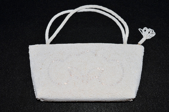 Beaded Handbag, Vintage Beaded Purse, White Beade… - image 2