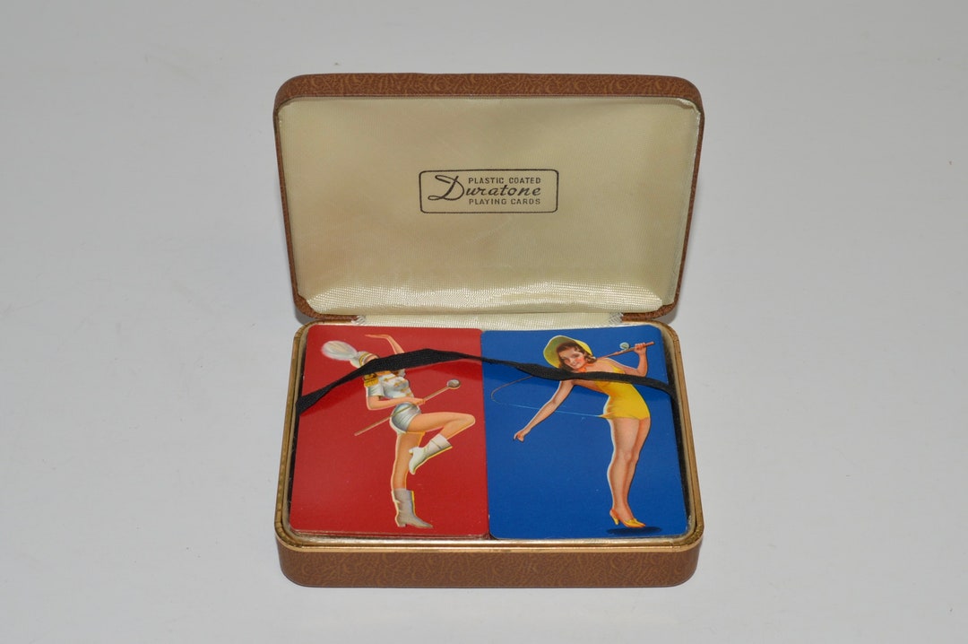 Duratone Pinup Girl Playing Cards, Vintage Plastic Coated Poker Cards,  Risqué Cards W Faux Leather Case, Majorette Cards, Fishing Pinup Girl 
