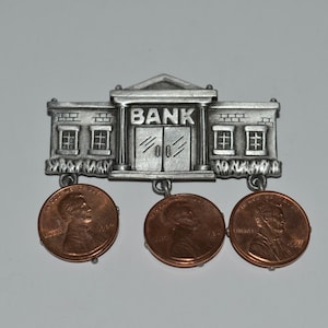 JJ Jonette Jewelry Bank Pin, Copper Penny Brooch, Pewter JJ Brooch, Bank with Pennies,  Artifacts Pin, JJ Jewelry