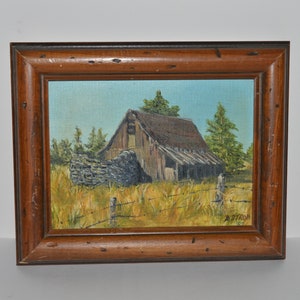 Vintage Wood Cabin Painting, Small Oil Canvas Painting, Rustic Decor, Cabin Barn Wall Art, Signed D Strom,  Amateur Art Framed Picture