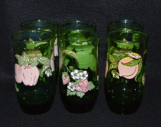 Green Glass Juice Glasses Pink Fruit Design Vintage Glass Etsy