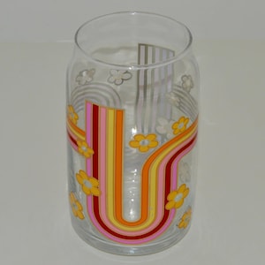 Vintage 1970s Drinking Glass, Rainbow Flower Power Graphics, Groovy Retro Daisy Design, Kitchen Gift, Glass Tumbler w Hippie Graphics