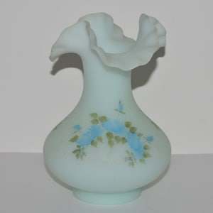 Fenton Hand Painted Ruffled Glass Vase, Blue Roses Fenton Satin Glass Vase, Hand Painted by M Keinan, Fenton Pale Blue Frosted Glass Vase