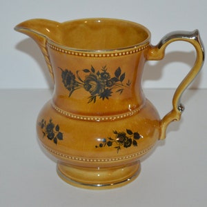 Lord Nelson Ware Elijah Cotton LTD Pitcher, Black Roses Motif, Staffordshire England Pottery,  Mustard Yellow Ceramic Water Jug