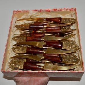 Vintage Thailand Cocktail Forks and Knives Set, 16 Pieces Brass and Wood Buddha Design Cutlery Set w Original Box, Siam Collectible