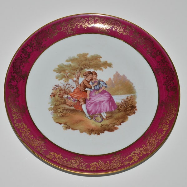 Limoges Fragonard Plate, Collector Plate w Courting Couple, Limoges France Fine Porcelain, Purple Maroon w 22K Gold Detail, Romantic Art