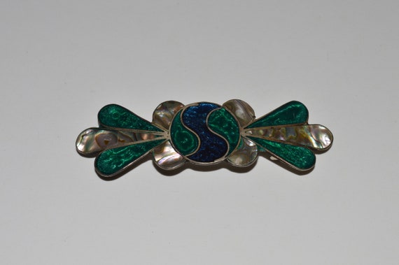 Vintage Alpaca Mexico Abalone Shell & Green Enamel Inlay Hair Barrette Vintage Mid-Century Alpaca Mexico Inlay Abalone Hair  main image 2
