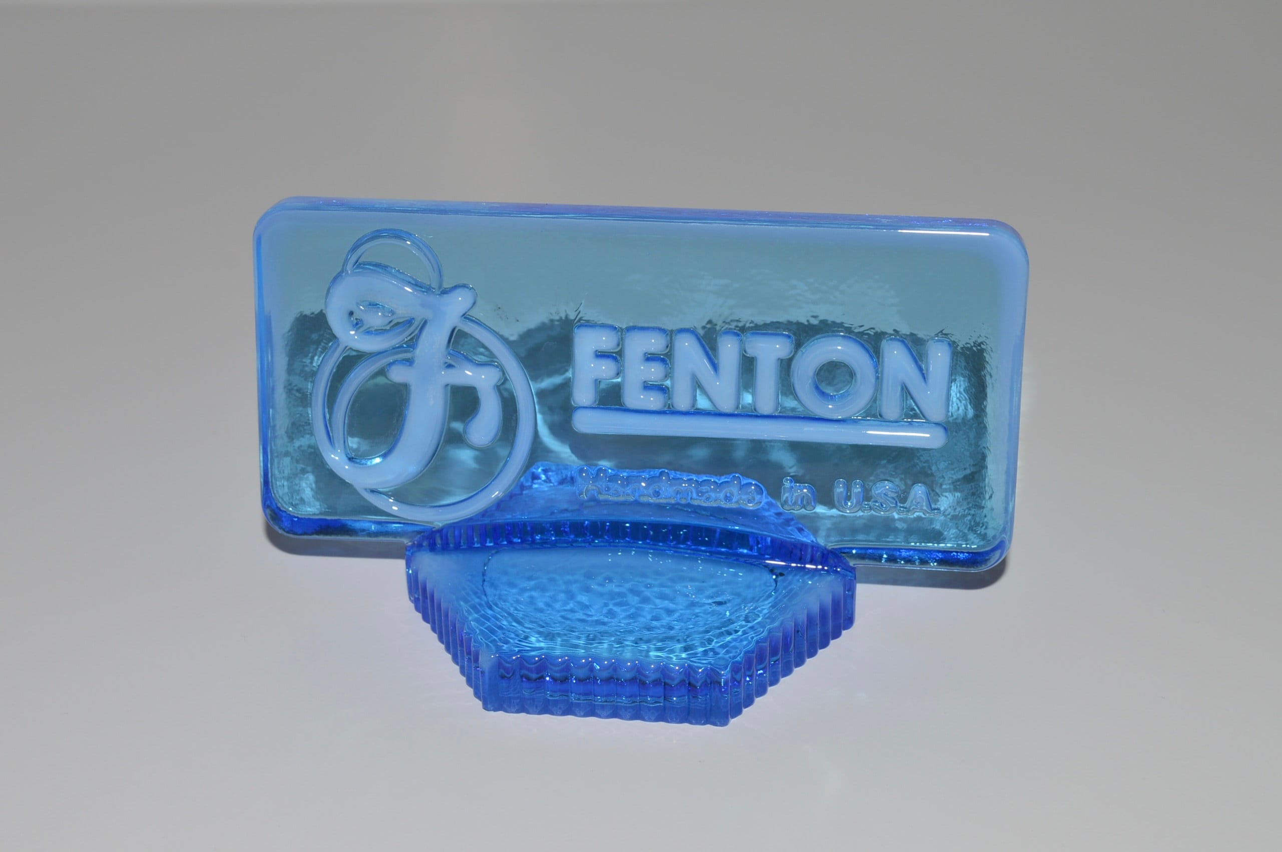Fenton Logo Paperweight, Fenton Dealer Sign, Blue Opalescent Fenton Point of Sale Display Sign, Limited Edition Fenton Collectible  1990s