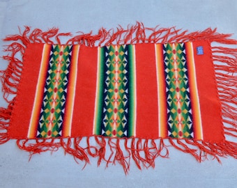 Vintage Pendleton Beaver State Wool Rug or Throw, Red Green Yellow Geometric Markings, w Red Fringe, Small Blanket Mat or Wall Hanging