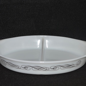Pyrex Black Scroll Divided Casserole Dish, 1960s Pyrex, Promotional Item, Pyrex 063 Casserole, Black and White Pyrex, 1962 Promotional Pyrex