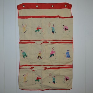 Kids Shoe Organizer, Embroidered Cloth Hanging Shoe or Childs Toy Bin, Oriental Motif, 12 pockets w Embroidery, Hanging Shoe Rack for Child