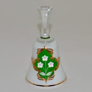 Vintage Bohemian Crystal Bell, Green and Gold Embellished Glass Bell, Floral Crystal Bell, Made in Czechoslovakia 1980s