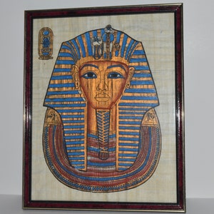 Egyptian Papyrus Picture, Framed Papyrus Painting, Egyptian Art Wall Hanging, Pharaoh King Tutankhamen, Blue and Gold, Egypt Souvenir Framed