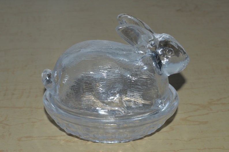 Vintage Clear Glass Bunny on Nest Bunny Basket Trinket Dish Etsy