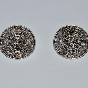 Vintage Taxco Earrings, Aztec Calendar Clip on Earrings, Chunky Sterling Silver Clip Earrings, Hecho En Mexico,  Calendario Azteca