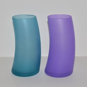 Vintage Libbey Watusi Tumblers, Fun Post Modern Look Frosted Highball Glasses, Set of 2 Blue Purple Colorful Tumblers, Curved Wave Shape