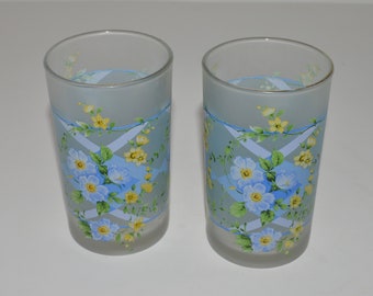 Briliant Indonesia Frosted Glass Tumblers, Floral Forget-Me-Not Design Glasses, Set of 2 Juice Water Glasses, Blue Flower Graphic Glass