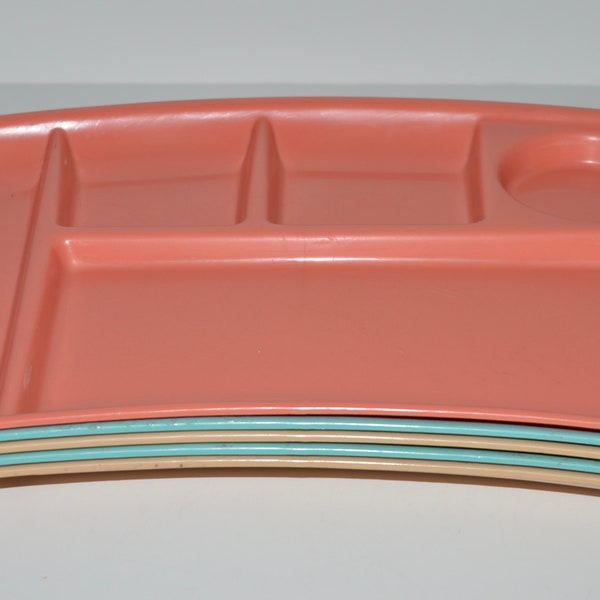 Set of 5 Colorful Lunch Trays, Vintage Plastic Melmac Curved Mid Century Trays, Turquoise Pink Melamine, Cafeteria Style Kids Lunch Trays