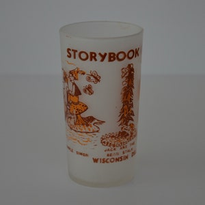 Storybook Land Frosted Glass Tumbler, Wisconsin Dells Souvenir Fairy Tale Drinking Glass, Simple Simon, Jack and Beanstalk, Three Men in Tub
