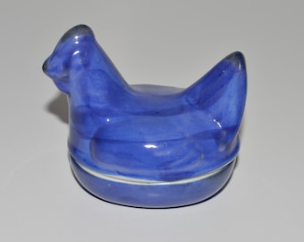 Vintage Miniature Pottery Hen on a Nest,  Blue Hen on Nest, Ceramic Two Piece Hen Salt Cellar, Cobalt Blue Pottery Glaze Hen Trinket Box