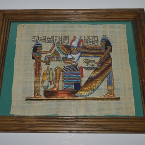 Egyptian Papyrus Picture, Framed Papyrus Painting, Signed Egyptian Art Wall Hanging, Pharaoh w Hieroglyphics, Egypt Souvenir Framed
