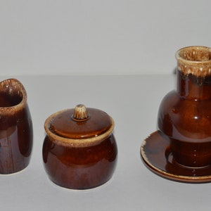 Hull Pottery Brown Drip Tea Set, Hull Crestine Pottery, Brown Drip Glaze Cream and Sugar, Crestine Carafe w Plate, Mid Century USA Pottery