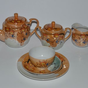 Japan Luster Ware Blue Swallows Tea Set, Hand Painted Made in Japan, Japanese Blue Birds Teapot, Cream and Sugar, Cup and Saucer Set