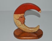 Santa Moon Carving, Whimsical Wood Statuette, Painted Santa Folk Sculpture, Wooden Santa Figurine, Rustic Xmas Decor Woodshop Project 1990s