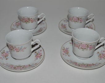 Vintage Tea Espresso Set,  Demitasse Cups and Saucers, White China w Rose Flower Bouquet Design, Espresso Serving Set, Set of 4 Cups Saucers