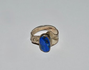 Vintage Silver Lapis Ring, Blue Lapis Ring, Lapis Lazuli Ring, Blue Stone Statement Ring, Spoon Style Oval Lapis Cabochon Statement Ring