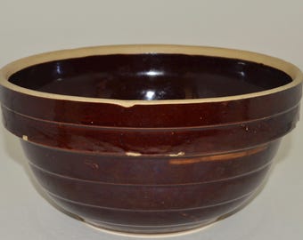 Vintage USA Stoneware 9 inch Shoulder Bowl, Brown Glaze Stoneware Ribbed Crock Mixing Bowl marked USA, Nesting Mixing Bowl, Grandma's Bowl