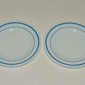 Pyrex Tableware Blue Line Plates, Set of 2 Pyrex Corning Restaurant Ware Glass Plates, 6 3/4 Inch Diameter White Milk Glass Turquoise Rings