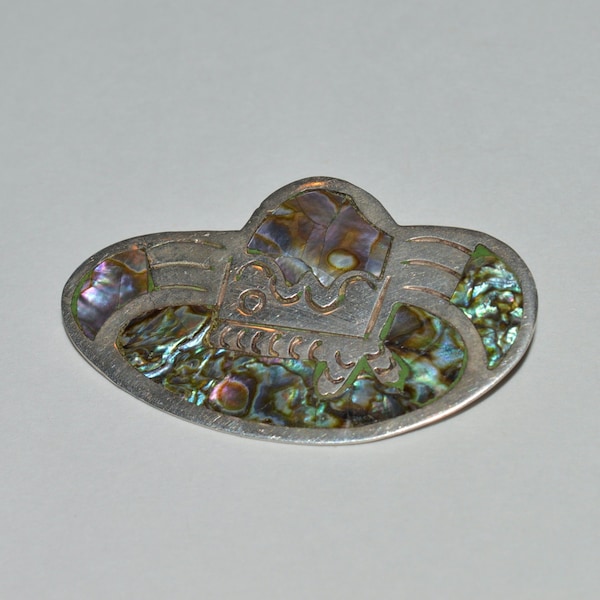 Sterling Sombrero Pin, Mexican Hat Brooch, Sterling Abalone Inlay, Hecho en Mexico, 925 Silver Sombrero, Taxco Jewelry, Silver Cowboy Hat