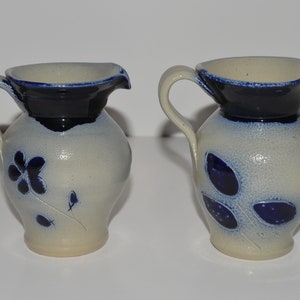 Blue and White Stoneware Jugs, Cobalt Flow Blue Salt Glaze Stoneware, Williamsburg Pottery Small Pitchers, Primitive Rustic Stoneware