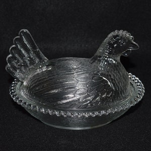Glass Hen on Nest, Indiana Glass Company, Transparent Glass Hen,  Hen Trinket Dish, Clear Glass Chicken in Basket, Indiana Hen on Nest Dish