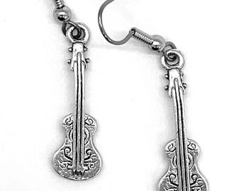 Ukulele earrings silver pewter charms on surgical steel floral detail nickel-free