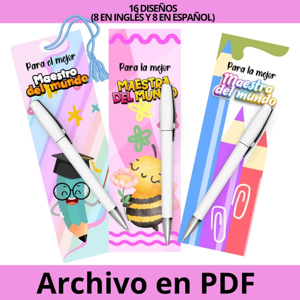 book separator card or printable pen holder, card for Teacher's Day, there are 16 designs, 8 in English and 8 in Spanish in PDF
