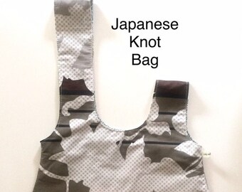 Japanese Knot Bag. Knitting Project Bag. On the go carry made with Horizontal Poem fabric from japan. Knit gift