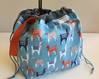 Llama Drama Field Bag.  Knitting Project Bag. Drawstring closure, clear vinyl pocket. Easy to grab strap. Alpaca yarn. crochet craft