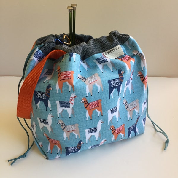 Llama Drama Field Bag.  Knitting Project Bag. Drawstring closure, clear vinyl pocket. Easy to grab strap. Alpaca yarn. crochet craft
