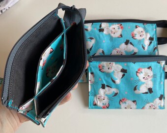 Mini Magic Clutch Wallet. One zipper, three organized pockets. Purse Organizer. Zippy bag. Retro Kitty and Waxed Canvas fabrics