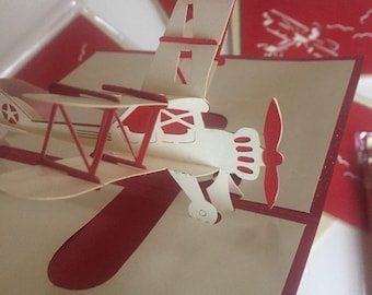 3-D Red and Gold Biplane 6x4 Pop Up Greeting Card with Envelope. Waco airplane popup. Laser cut pilot gift. Free shipping.